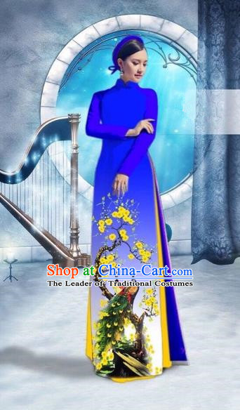 Traditional Top Grade Asian Vietnamese Costumes Classical Printing Peacock Full Dress, Vietnam National Ao Dai Dress Catwalks Debutante Royalblue Qipao for Women