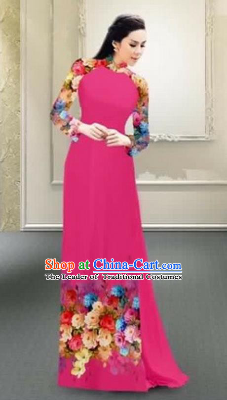 Traditional Top Grade Asian Vietnamese Costumes Classical Printing Flowers Full Dress, Vietnam National Ao Dai Dress Catwalks Debutante Rosy Qipao for Women