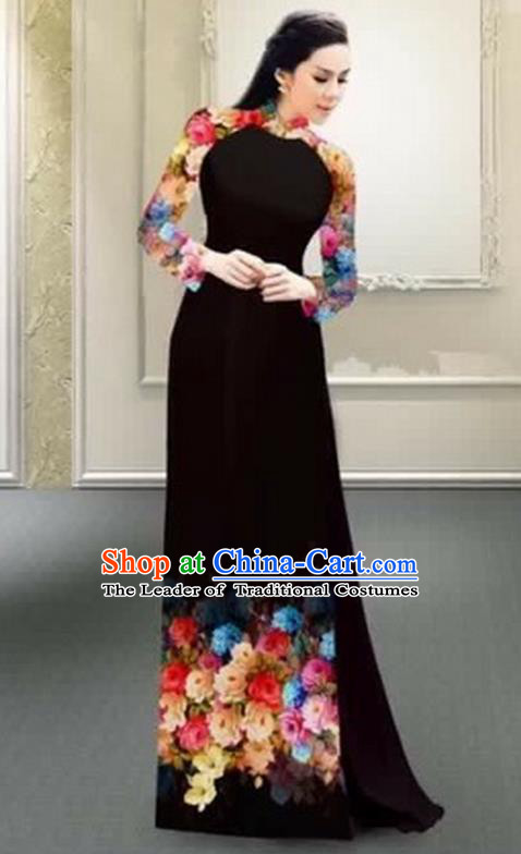 Traditional Top Grade Asian Vietnamese Costumes Classical Printing Flowers Full Dress, Vietnam National Ao Dai Dress Catwalks Debutante Black Qipao for Women