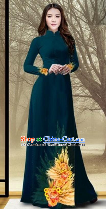 Traditional Top Grade Asian Vietnamese Costumes Classical Printing Flowers Full Dress, Vietnam National Ao Dai Dress Catwalks Debutante Atrovirens Qipao for Women