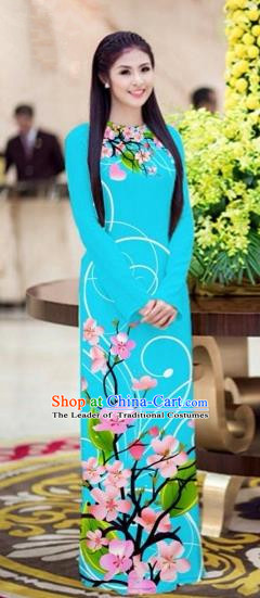 Traditional Top Grade Asian Vietnamese Costumes Classical Printing Peach Blossom Princess Full Dress, Vietnam National Ao Dai Dress Blue Cheongsam for Women