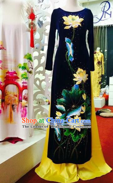 Traditional Top Grade Asian Vietnamese Costumes Classical Embroidery Lotus Full Dress Dance Cothing, Vietnam National Ao Dai Dress Catwalks Debutante Pleuche Qipao for Women