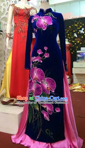 Traditional Top Grade Asian Vietnamese Costumes Classical Hand Painting Full Dress Dance Cothing, Vietnam National Ao Dai Dress Catwalks Debutante Pleuche Qipao for Women