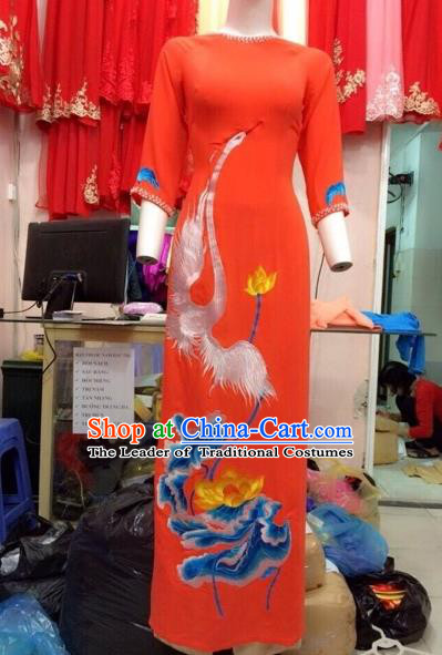 Traditional Top Grade Asian Vietnamese Costumes Classical Hand Painting Full Dress, Vietnam National Ao Dai Dress Catwalks Debutante Orange Qipao for Women