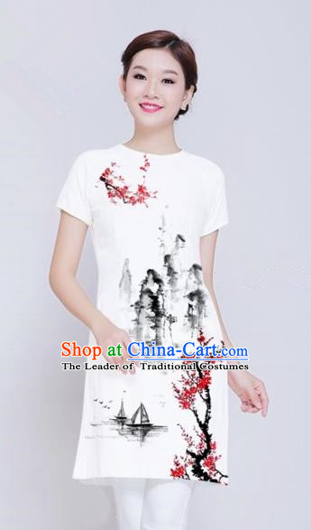 Traditional Top Grade Asian Vietnamese Costumes Classical Ink Wash Painting Full Dress, Vietnam National Ao Dai Dress White Short Qipao Dance Clothing for Women