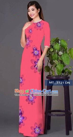 Traditional Top Grade Asian Vietnamese Costumes Classical Princess Full Dress, Vietnam National Ao Dai Dress Pink Cheongsam for Women