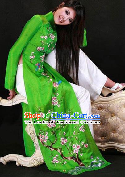 Traditional Top Grade Asian Vietnamese Costumes Classical Princess Painting Peach Blossom Full Dress, Vietnam National Ao Dai Dress Green Cheongsam for Women