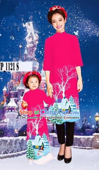 Traditional Top Grade Asian Vietnamese Costumes Classical Printing Christmas Rosy Full Dress, Vietnam National Ao Dai Dress Mother-daughter Cheongsam for Women for Kids