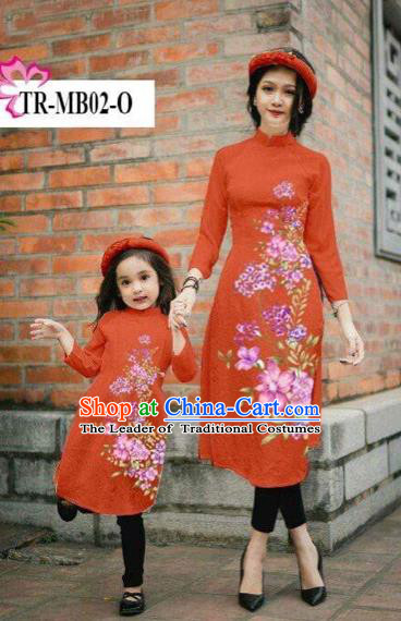 Traditional Top Grade Asian Vietnamese Costumes Classical Printing Cheongsam, Vietnam National Ao Dai Dress Parent-child Orange Full Dress for Women for Kids