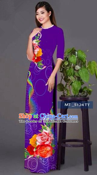 Traditional Top Grade Asian Vietnamese Costumes Classical Princess Printing Cheongsam, Vietnam National Ao Dai Dress Purple Full Dress for Women