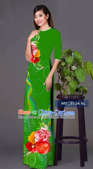 Traditional Top Grade Asian Vietnamese Costumes Classical Princess Printing Cheongsam, Vietnam National Ao Dai Dress Green Full Dress for Women