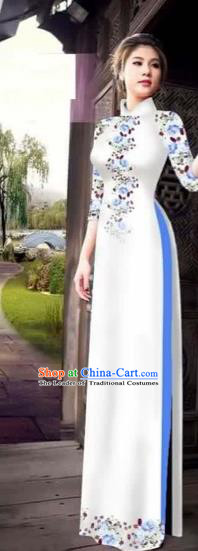 Traditional Top Grade Asian Vietnamese Costumes Classical Princess Printing Flowers Cheongsam, Vietnam National Ao Dai Dress White Full Dress for Women