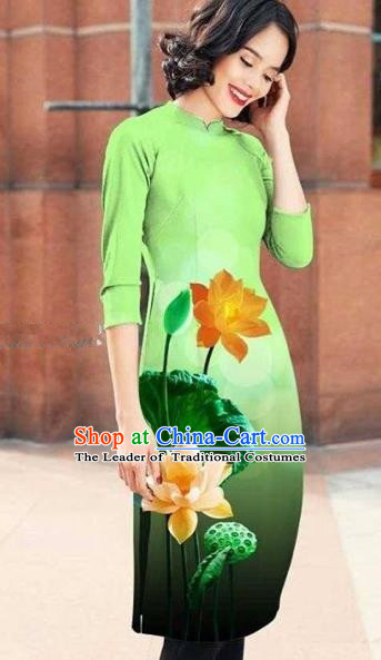 Traditional Top Grade Asian Vietnamese Costumes Classical Printing Lotus Cheongsam, Vietnam National Light Green Short Ao Dai Dress for Women