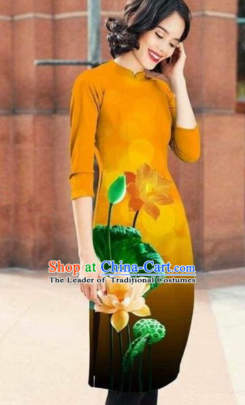 Traditional Top Grade Asian Vietnamese Costumes Classical Printing Lotus Cheongsam, Vietnam National Ginger Short Ao Dai Dress for Women