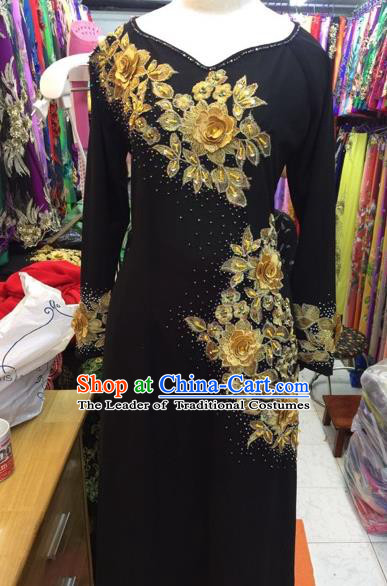 Traditional Top Grade Asian Vietnamese Costumes Classical Wedding Bride Beading Cheongsam, Vietnam National Black Ao Dai Dress for Women