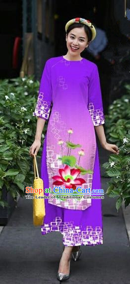 Traditional Top Grade Asian Vietnamese Costumes Classical Catwalks Printing Lotus Cheongsam, Vietnam National Purple Ao Dai Dress for Women