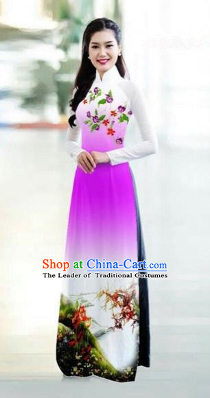 Traditional Top Grade Asian Vietnamese Costumes Classical Printing Bride Toast Cheongsam, Vietnam National Princess Rosy Ao Dai Dress for Women