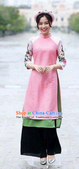 Traditional Top Grade Asian Vietnamese Costumes Classical Bride Toast Cheongsam, Vietnam National Pink Ao Dai Dress for Women