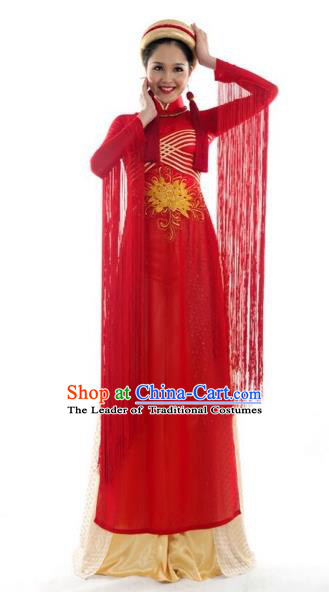 Traditional Top Grade Asian Vietnamese Costumes Classical Bride Wedding Toast Cheongsam, Vietnam National Red Ao Dai Dress for Women