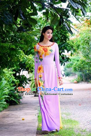 Traditional Top Grade Asian Vietnamese Costumes Classical Printing Cheongsam, Vietnam National Ao Dai Dress Princess Pink Chiffon Full Dress for Women