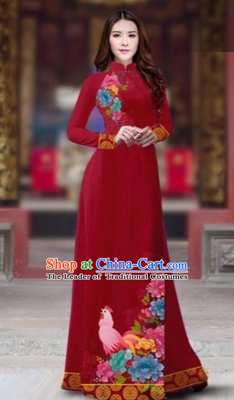 Traditional Top Grade Asian Vietnamese Costumes Classical Rooster Year Cheongsam, Vietnam National Ao Dai Dress Princess Wine Red Full Dress for Women