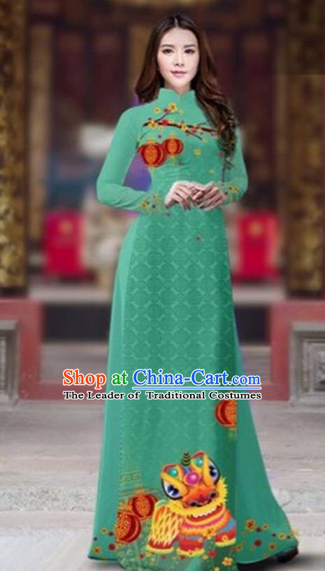 Traditional Top Grade Asian Vietnamese Costumes Classical Printing New Year Cheongsam, Vietnam National Ao Dai Dress Princess Green Full Dress for Women