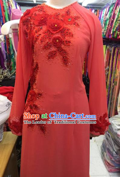 Traditional Top Grade Asian Vietnamese Costumes Classical Bride Wedding Embroidery Cheongsam, Vietnam National Red Ao Dai Dress for Women