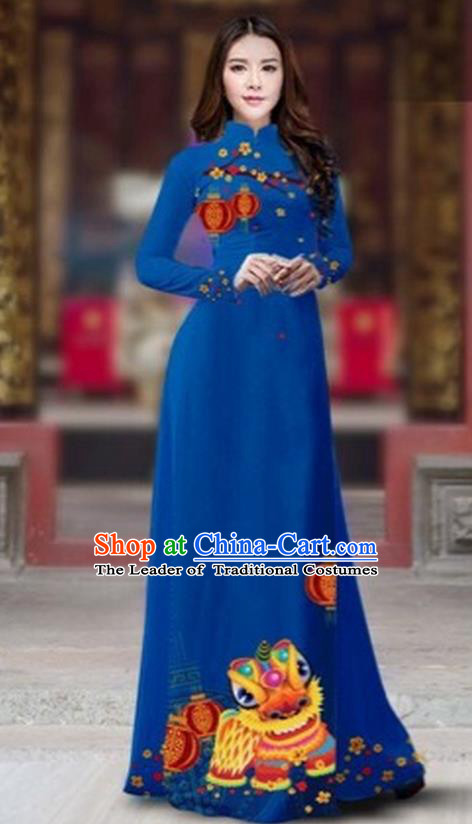 Traditional Top Grade Asian Vietnamese Costumes Classical Printing New Year Cheongsam, Vietnam National Ao Dai Dress Princess Royalblue Full Dress for Women