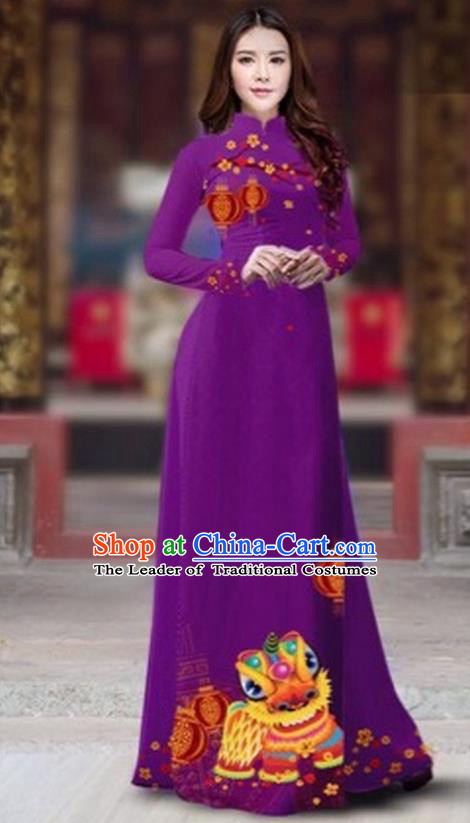 Traditional Top Grade Asian Vietnamese Costumes Classical Printing New Year Cheongsam, Vietnam National Ao Dai Dress Princess Amaranth Full Dress for Women