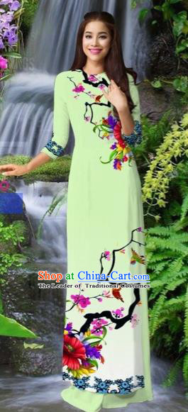 Traditional Top Grade Asian Vietnamese Costumes Classical Light Green Cheongsam, Vietnam National Printing Ao Dai Dress for Women