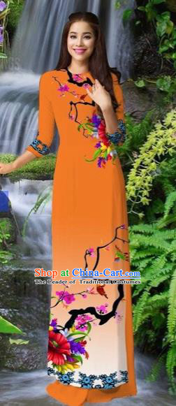 Traditional Top Grade Asian Vietnamese Costumes Classical Orange Cheongsam, Vietnam National Printing Ao Dai Dress for Women