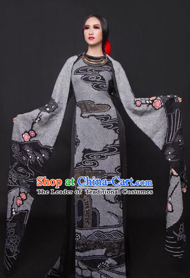 Traditional Top Grade Asian Vietnamese Costumes Classical Princess Printing Cheongsam, Vietnam National Bride Deep Grey Ao Dai Dress for Women