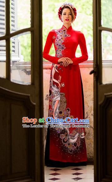 Traditional Top Grade Asian Vietnamese Costumes Classical Princess Hand Painting Cheongsam, Vietnam National Vietnamese Bride Wedding Red Ao Dai Dress for Women