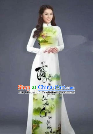 Traditional Top Grade Asian Vietnamese Costumes Classical Ink Painting Cheongsam, Vietnam National Vietnamese Bride Ao Dai Dress for Women