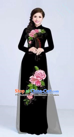 Traditional Top Grade Asian Vietnamese Costumes Classical Printing Flowers Cheongsam Dance Clothing, Vietnam National Vietnamese Bride Black Ao Dai Dress for Women