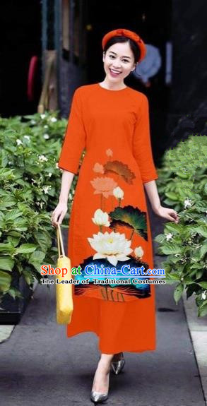 Traditional Top Grade Asian Vietnamese Costumes Classical 3D Printing Flowers Cheongsam Dance Clothing, Vietnam National Vietnamese Orange Ao Dai Dress for Women