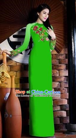 Traditional Top Grade Asian Vietnamese Costumes Classical Printing Toast Wedding Cheongsam, Vietnam National Vietnamese Bride Green Ao Dai Dress for Women