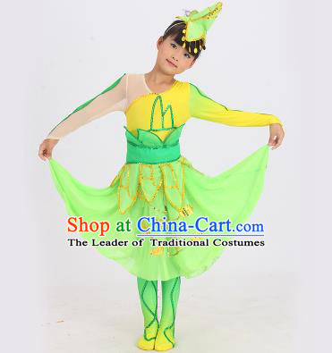 Traditional Chinese Classical Dance Yangge Fan Dance Costume, Children Lotus Dance Drum Dance Uniform Yangko Green Dress Complete Set for Kids