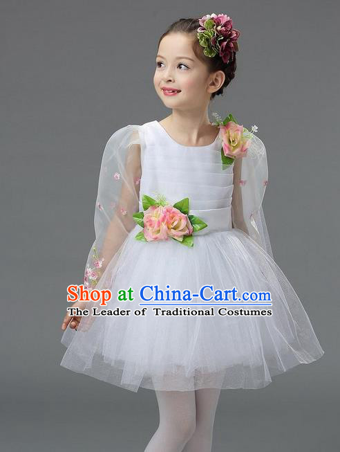 Top Grade Professional Performance Catwalks Costume, Children Chorus Compere Full Dress Modern Dance Little Princess White Veil Bubble Dress for Girls Kids