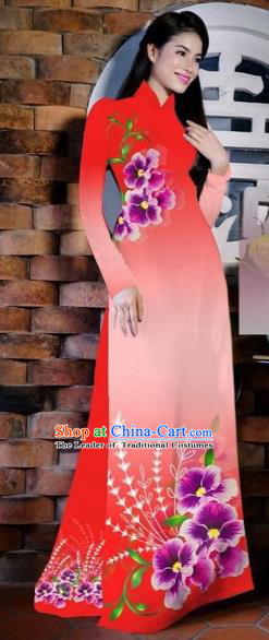 Traditional Top Grade Asian Vietnamese Costumes Classical Painting Flowers Watermelon Red Cheongsam, Vietnam National Vietnamese Young Lady Bride Wedding Ao Dai Dress