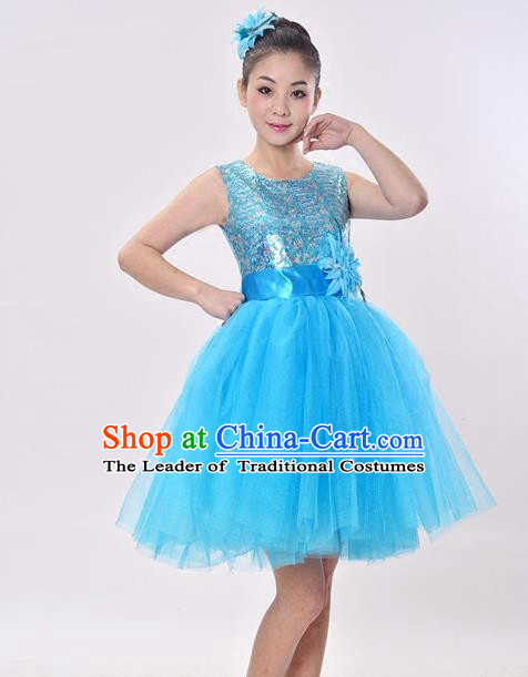 Top Grade Professional Performance Catwalks Costume, China Chorus Compere Modern Dance Dress Paillette Blue Veil Bubble Dress for Women