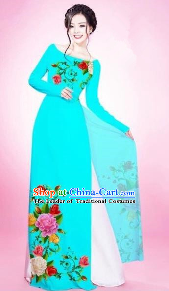 Traditional Top Grade Asian Vietnamese Costumes Classical Painting Flowers Blacklight Blue Cheongsam, Vietnam National Vietnamese Young Lady Bride Wedding Round Collar Ao Dai Dress