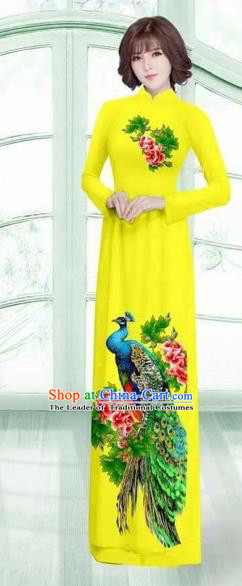 Traditional Top Grade Asian Vietnamese Costumes Classical Printing Peacock Cheongsam, Vietnam National Vietnamese Young Lady Yellow Ao Dai Dress