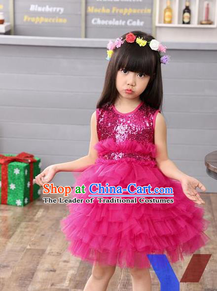 Top Grade Professional Performance Catwalks Costume, Children Chorus Full Dress Modern Dance Little Princess Rose Paillette Bubble Dress for Girls Kids