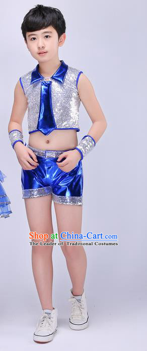 Top Grade Professional Performance Catwalks Costume, Children Chorus Compere Modern Jazz Dance Uniform Blue Paillette Clothing for Boys