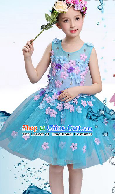 Top Grade Professional Compere Modern Dance Costume, Children Opening Dance Chorus Uniforms Flower Faerie Princess Blue Bubble Dress for Girls