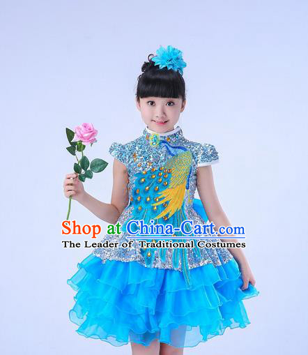 Top Grade Professional Compere Modern Dance Costume, Children Opening Dance Chorus Uniforms Peacock Blue Paillette Bubble Dress for Girls