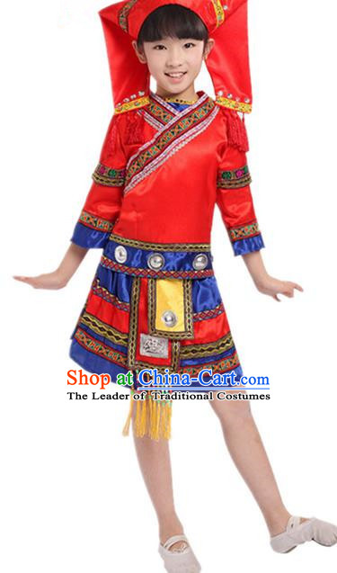 Traditional Chinese Zhuang Nationality Dancing Costume, Zhuang Zu Children Folk Dance Ethnic Pleated Skirt, Chinese Minority Nationality Embroidery Red Dress for Kids