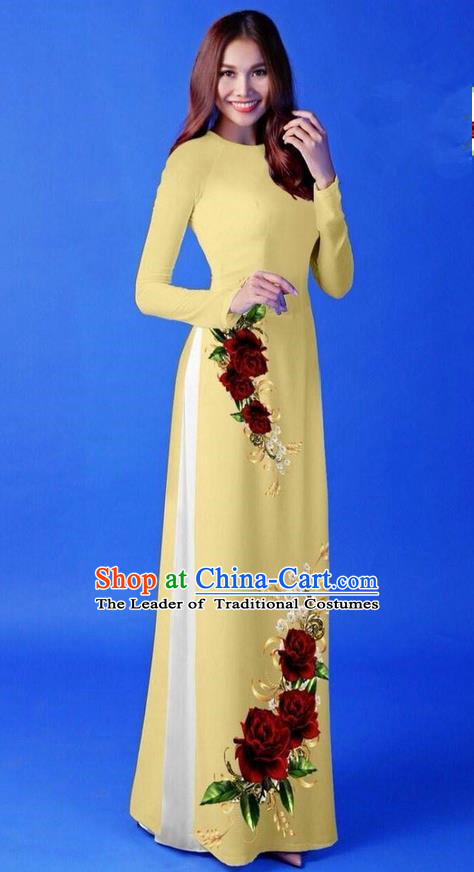 Traditional Top Grade Asian Vietnamese Costumes Classical 3D Printing Yellow Long Cheongsam, Vietnam National Vietnamese Princess Ao Dai Dress for Women