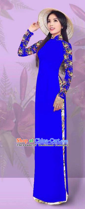 Top Grade Asian Vietnamese Costumes Classical Jing Nationality Printing Royalblue Cheongsam, Vietnam National Vietnamese Traditional Princess Ao Dai Dress for Women